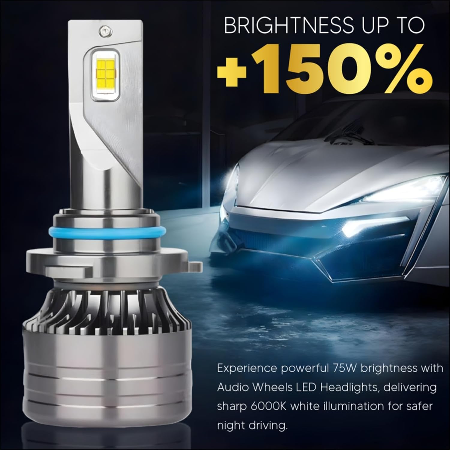 Audio Wheels 9005/HB3 75W LED Headlight with 6000K Cool White, 7500LM Brightness, Fan Cooling, Energy Efficient Design, IP67 Waterproof, Easy Plug & Play Installation