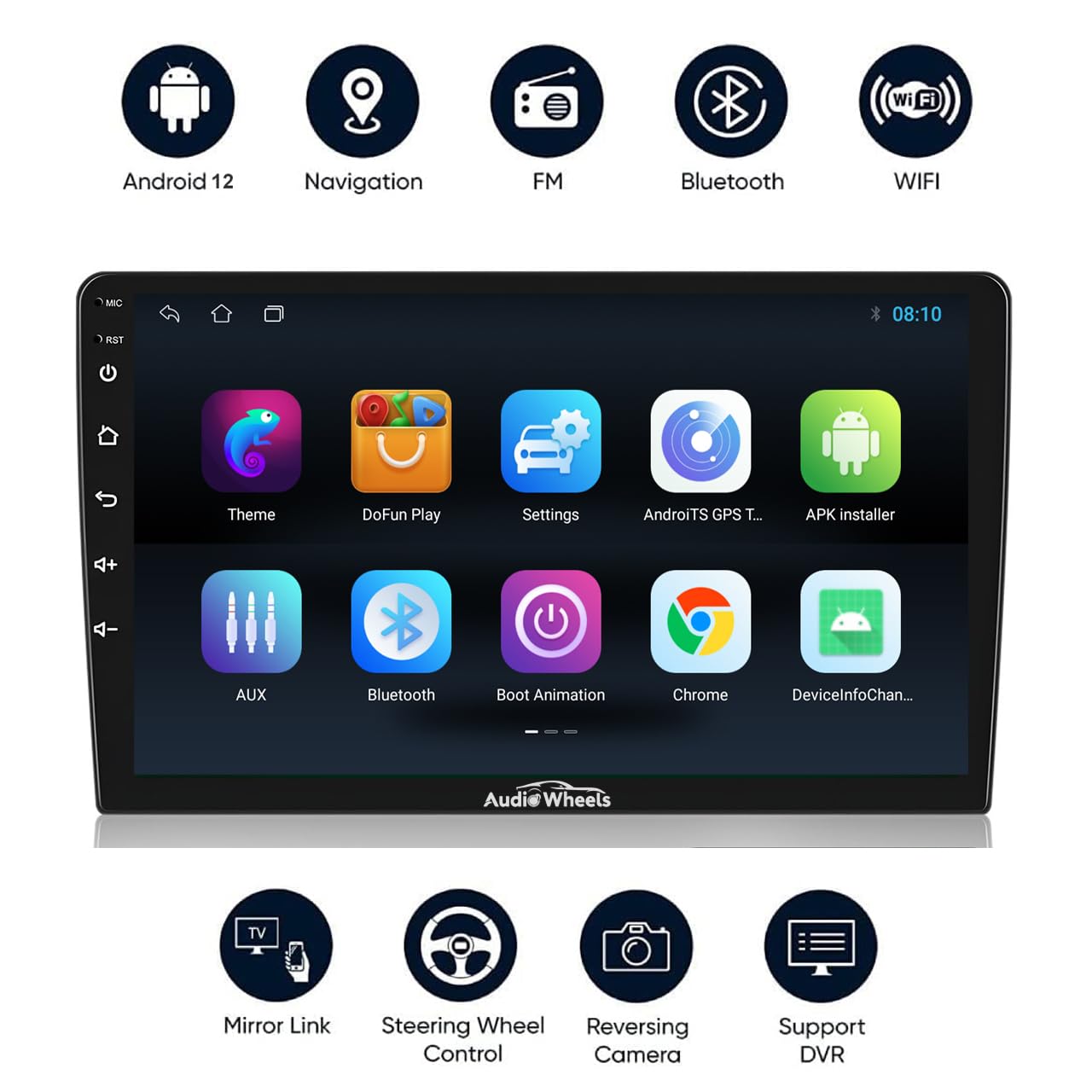 Audio Wheels MediaTek Android Car Stereo HD IPS 10 Inch Display with 2GB/32GB RAM & ROM Touch Screen Radio/BT/GPS Navigation Support WiFi Connection Car Multimedia Audio and Video Player