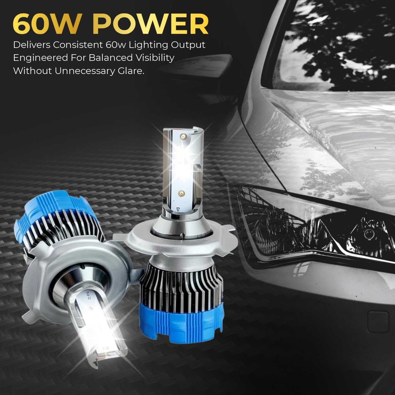 Audio Wheels H4 LED Headlight Bulbs – 60W, 16,000 Lumens, 6000K Cool White  HighLow Beam Conversion Kit for Cars  Super Bright, Quick Installation  Pack of 2 with 1-Year Warranty