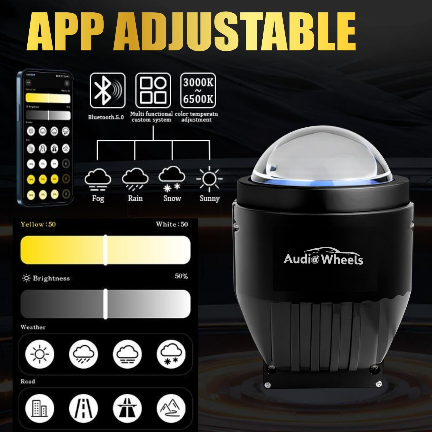 Audio Wheels 3 Inch LED Projector Fog Lamp | 200W High Brightness | 15000 Lumens | 1200m Beam | Adjustable Color Temperature | App Control | Premium Aluminium Body | IP68 Waterproof | 1 Year Warranty