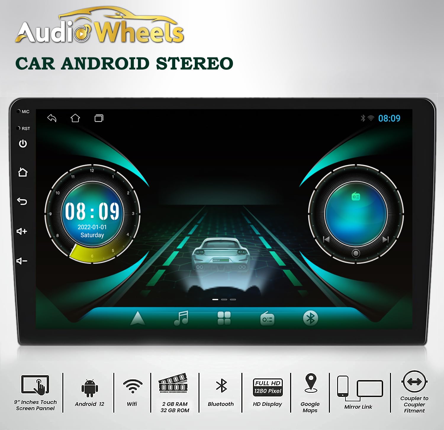 Audio Wheels Double Din Car Stereo 10 1G+32G Android 12 Multimedia BT Player Touchscreen with Mirror Link Split Screen GPS Navigation WiFi USB SWC Dome Rear Camera+GPS Antenna+Microphone (10 INCH)
