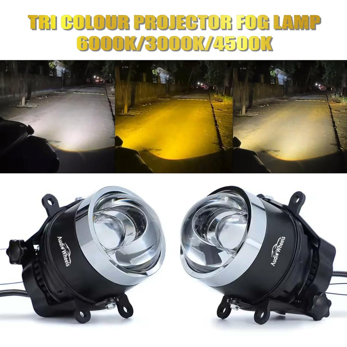Audio Wheels 3 Inch Universal LED Projector Fog Lamp 120W Single-Beam [PR-06] | Tri-Color (White/Warm White/Yellow) 15,000LM Projector Light | 1-Year Warranty