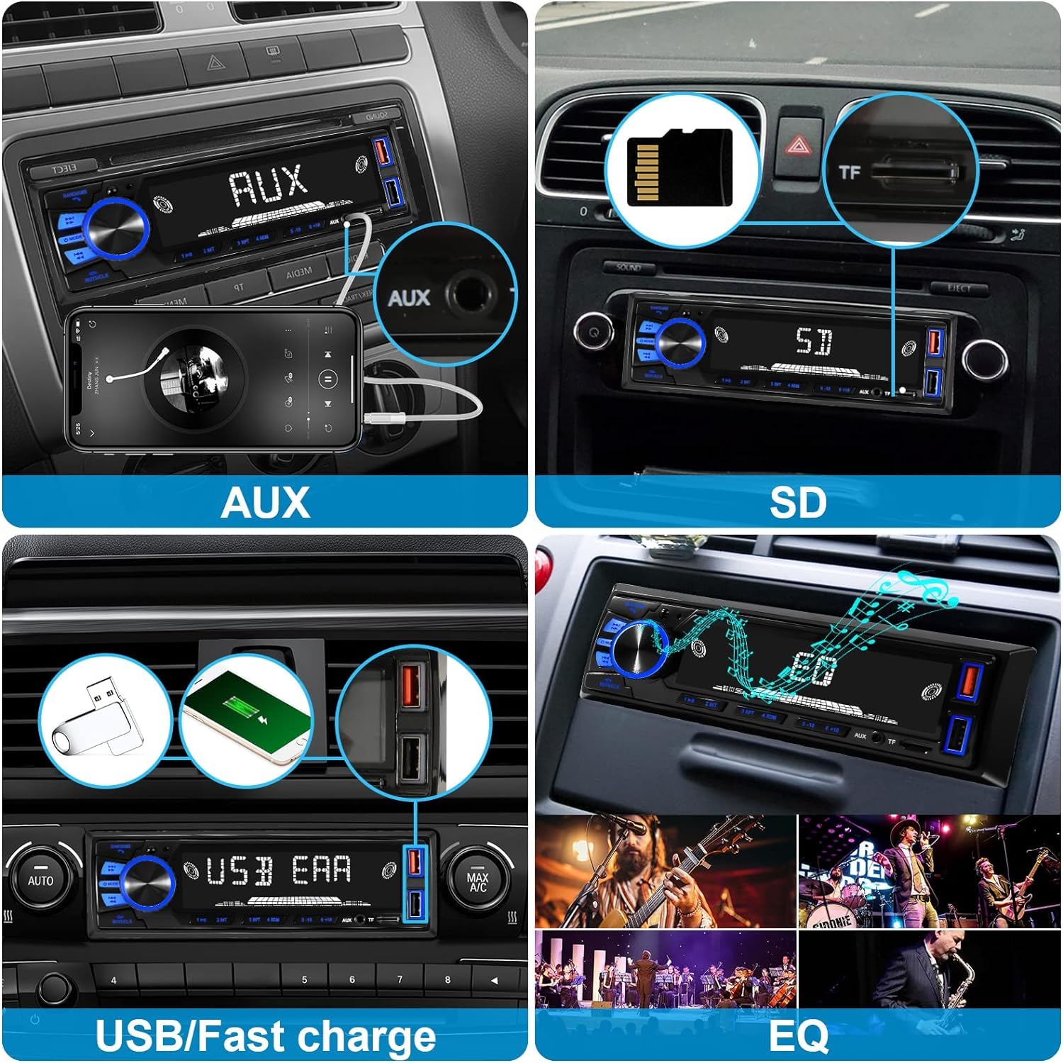 Audio Wheels Car Radio Bluetooth Single DIN Car Stereo Audio, Car Audio with Handsfree and Remote Control,Supports FM/ MP3/SD/AUX/Dua USB/EQ/Quick Charge | Not a CD Player