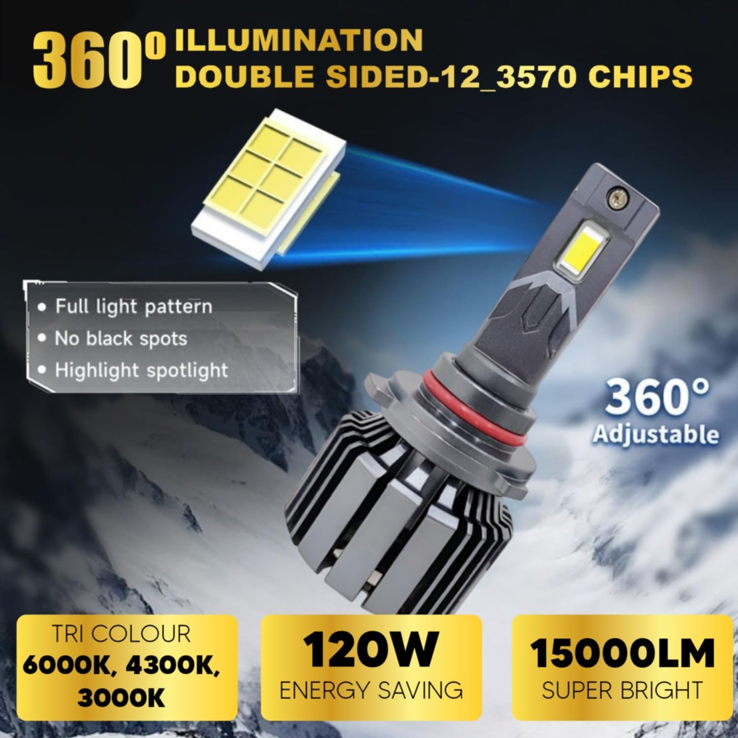 Audio Wheels 9005/HB3 LED Headlight Tri Colour, Single Beam 120W (15000LM)  6000K4300K3000K  IP68 Waterproof Plug & Play Car Headlamp 12V24V with Advanced Cooling  2 Years Warranty