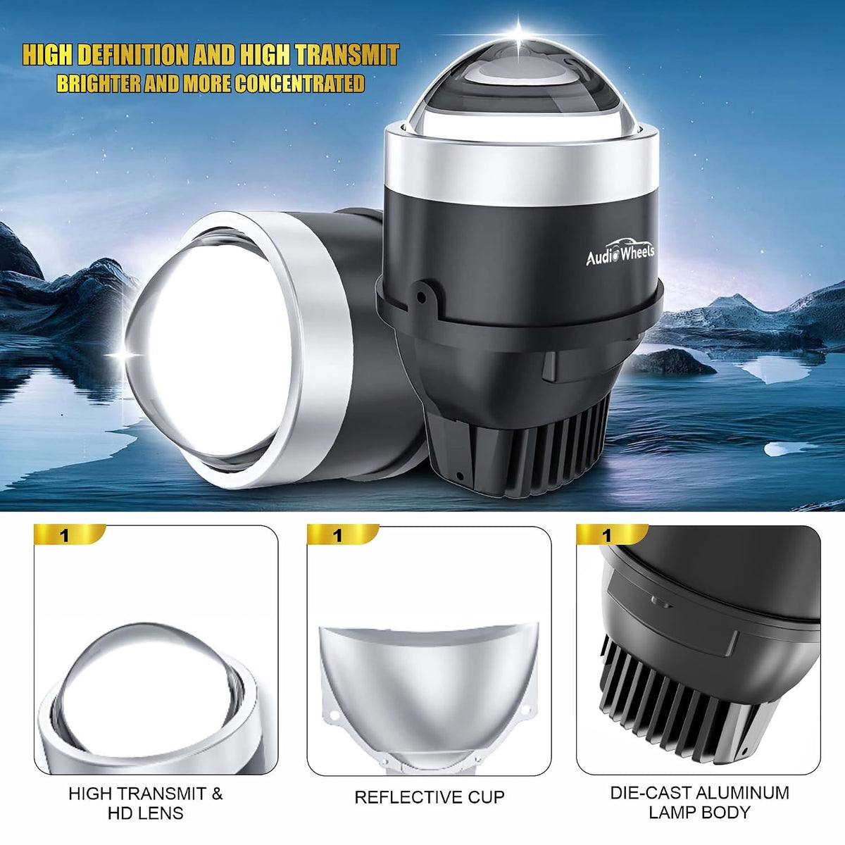 Audio Wheels 3 Inch LED Projector Fog Lamp with Cover - 120W, 6000K White (15000LM) | 12V/24V Fog Light for Car & Vehicle Modification | 1-Year Warranty | Compatible with Kia Seltos 2024