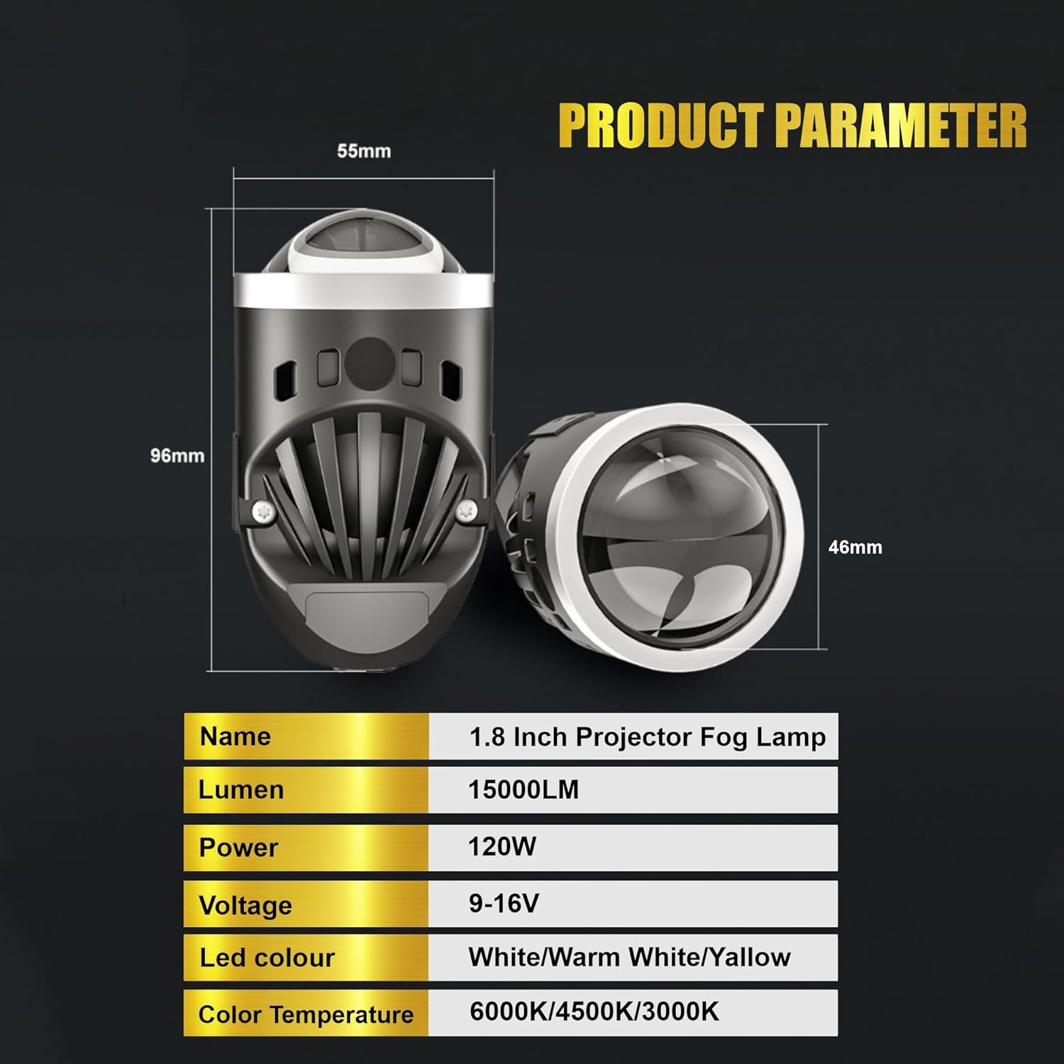 Audio Wheels LED Projector 1.8 Inch Fog Lamp with Cover 120W, Tri-Color (White/Warm/Yellow) | Fog Light for Car & Vehicle Modification | Compatible with Tata Nexon, Punch, Harrier OR Curvv