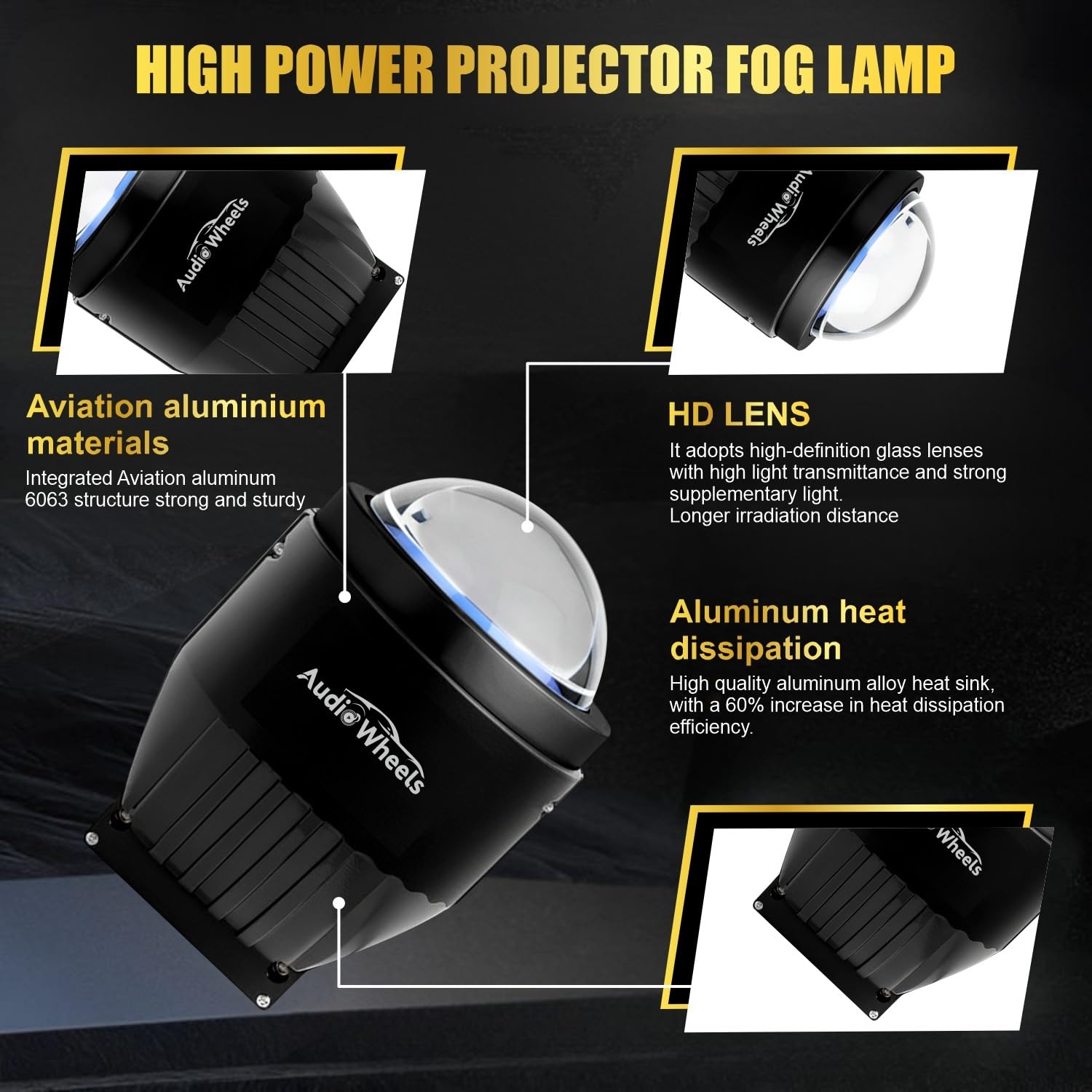 Audio Wheels 3 Inch LED Projector Fog Lamp | 200W High Brightness | 15000 Lumens | 1200m Beam | Adjustable Color Temperature | App Control | Premium Aluminium Body | IP68 Waterproof | 1 Year Warranty