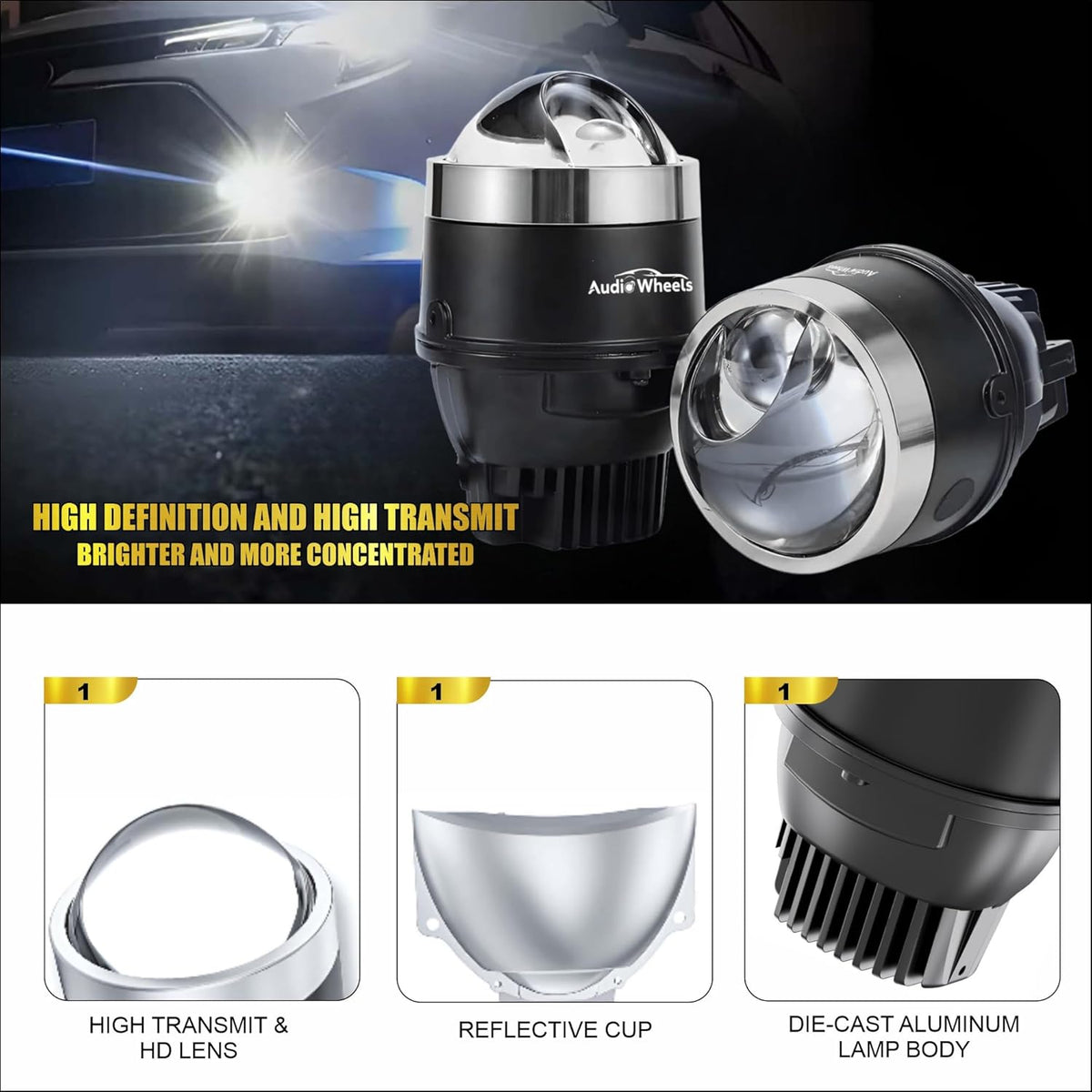 Audio Wheels 3 Inch Universal LED Projector Fog Lamp 120W Single-Beam [PR-06] | Tri-Color (White/Warm White/Yellow) 15,000LM Projector Light | 1-Year Warranty