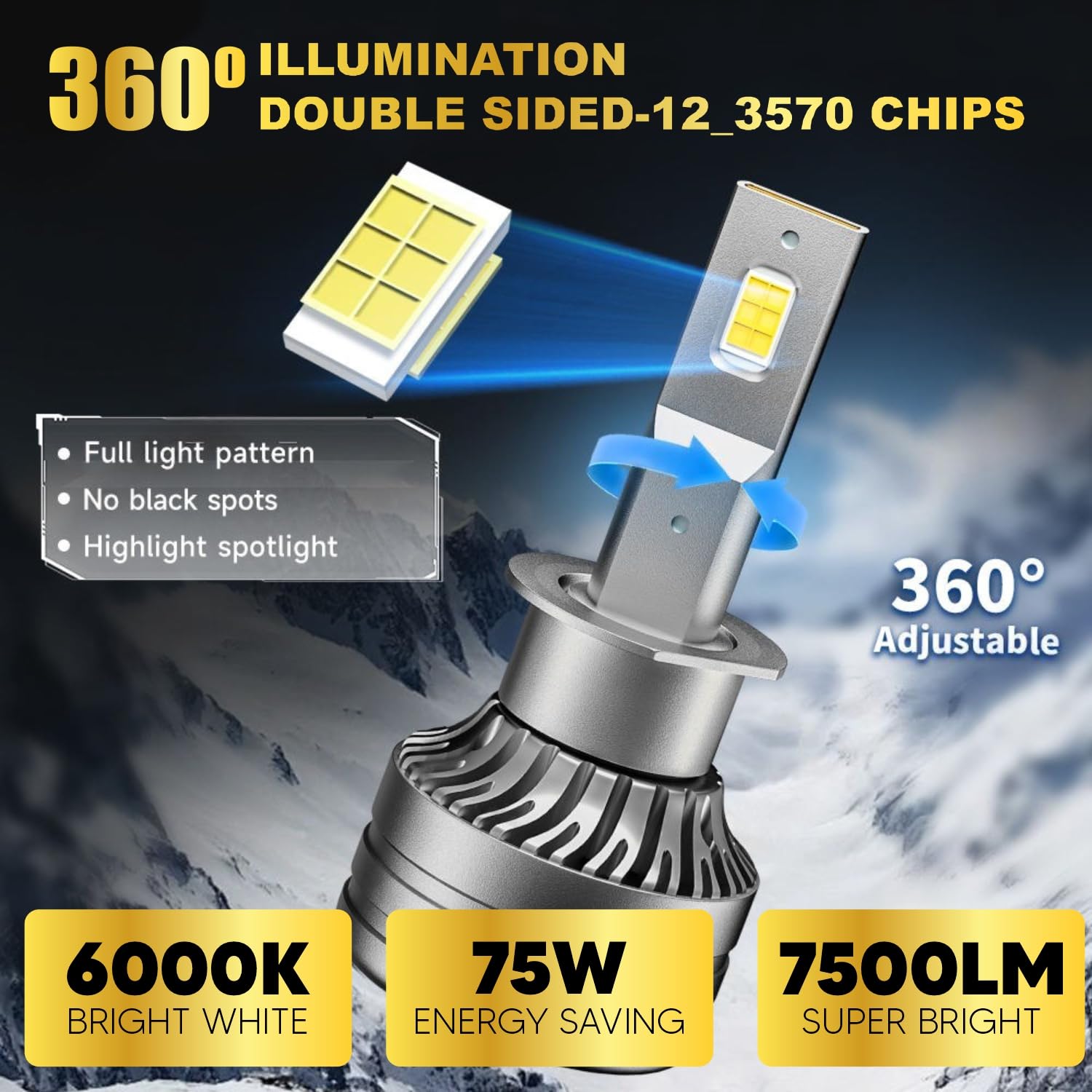 Audio Wheels H1-75W LED Headlight Bulbs – 75,00LM, 6000K Cool White, IP68 Waterproof, 1-Year Warranty, Super Bright Automotive Headlights (Pack of 2)