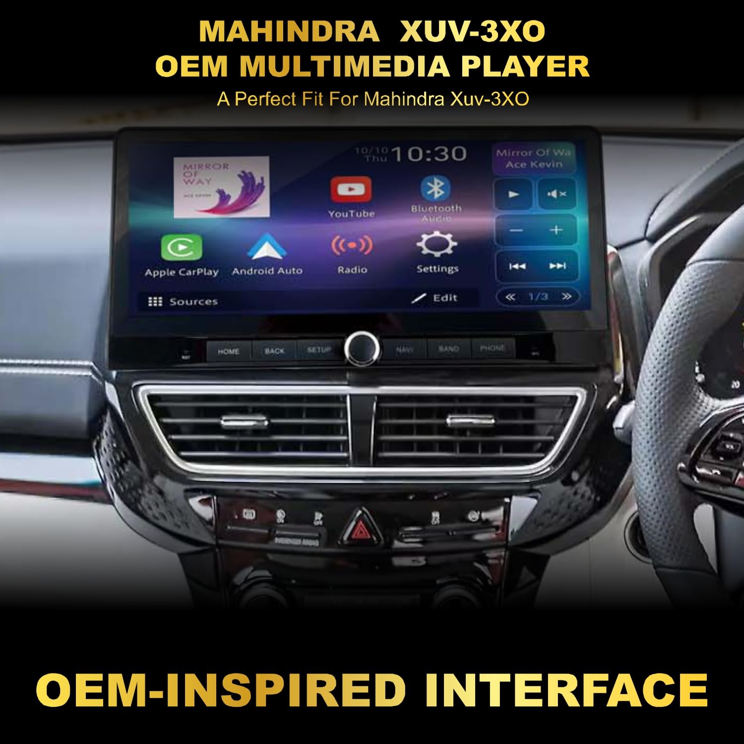 Audio Wheels (OEM) Android 12.33 Inch Touchscreen for Mahindra-3XO+Frame, 2GB RAM/32GB ROM, with Wireless CarPlay, DSP, Camera Support, and 4 x 50W Output.