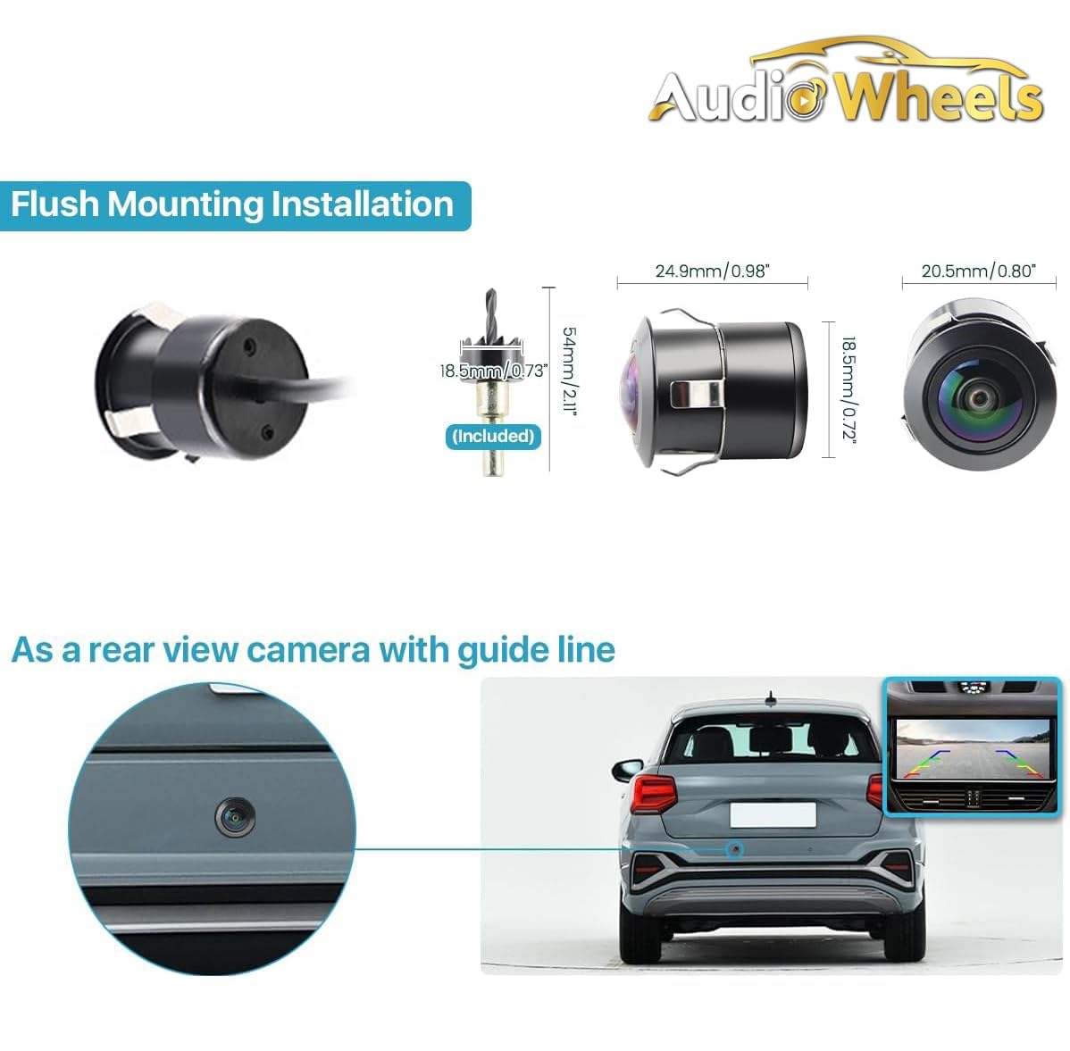 Audio Wheels Fisheye Lens AHD 1080P Car Reverse Camera|Backup Camera - 170° Wide Angle, Night Vision, Water-Resistant - Compatible with Car Android Monitors and AHD/CVBS Switcher Camera