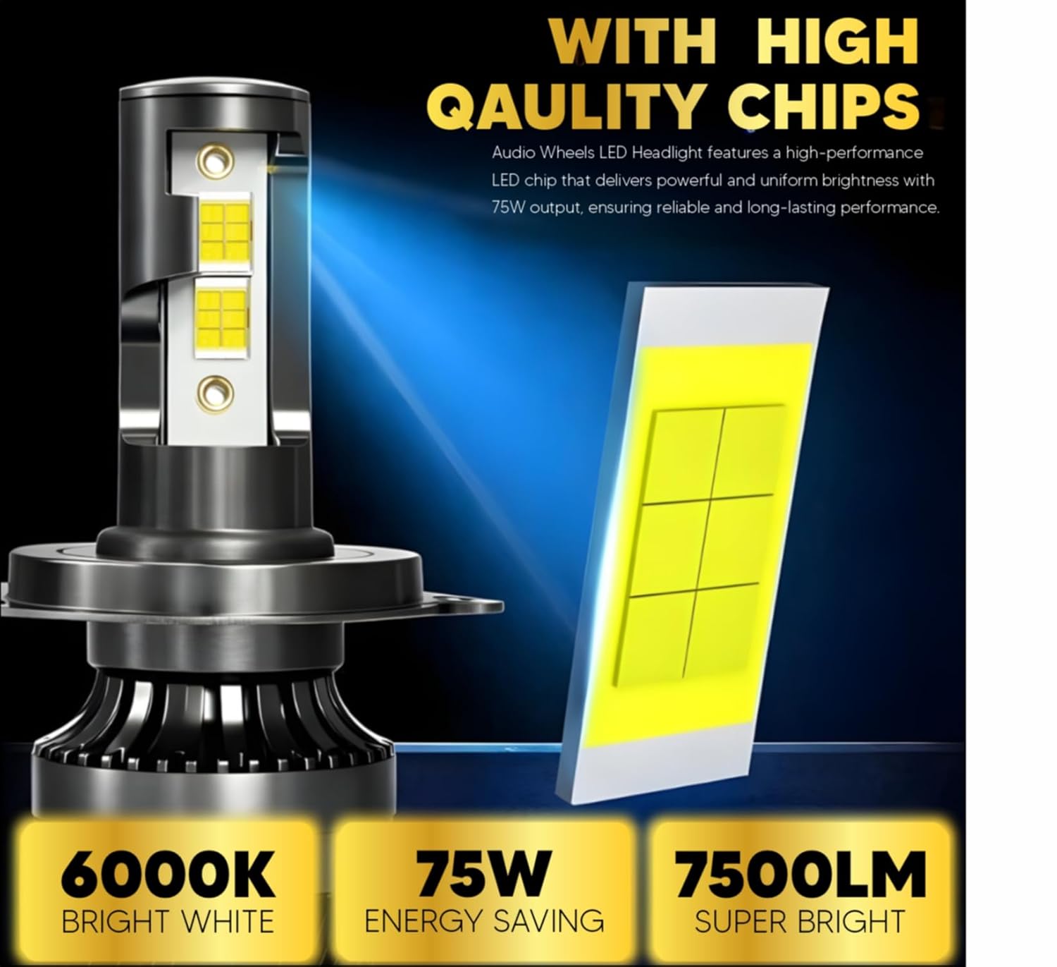 Audio Wheels H4/H19 75W LED Headlight Bulbs – 75,00LM, 6000K Cool White, IP68 Waterproof, 1-Year Warranty, Super Bright Automotive Headlights (Pack of 2)