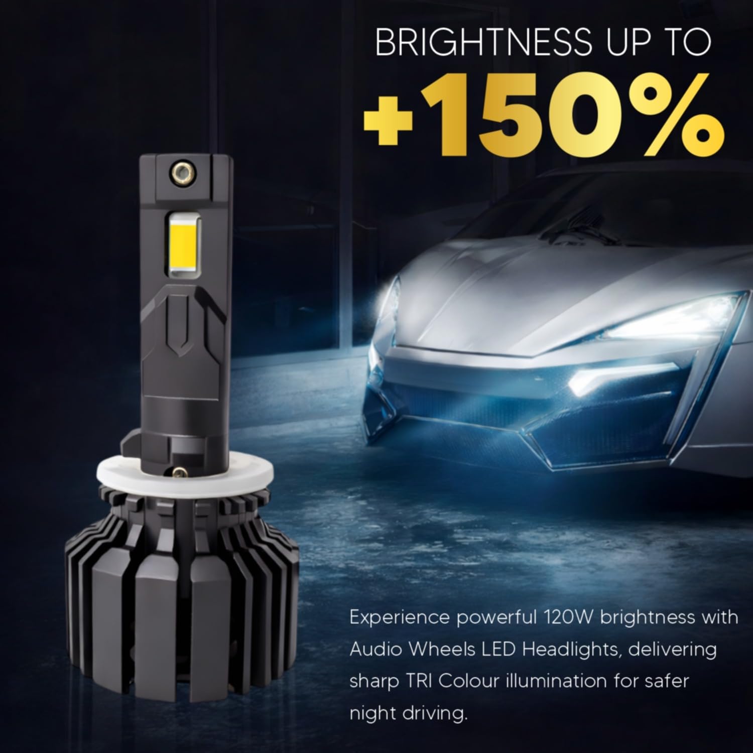 Audio Wheels Tri Colour LED Headlight H27 Single Beam 120W (15000LM) | 6000K/4300K/3000K | IP68 Waterproof Plug & Play Car Headlamp 12V/24V with Advanced Cooling