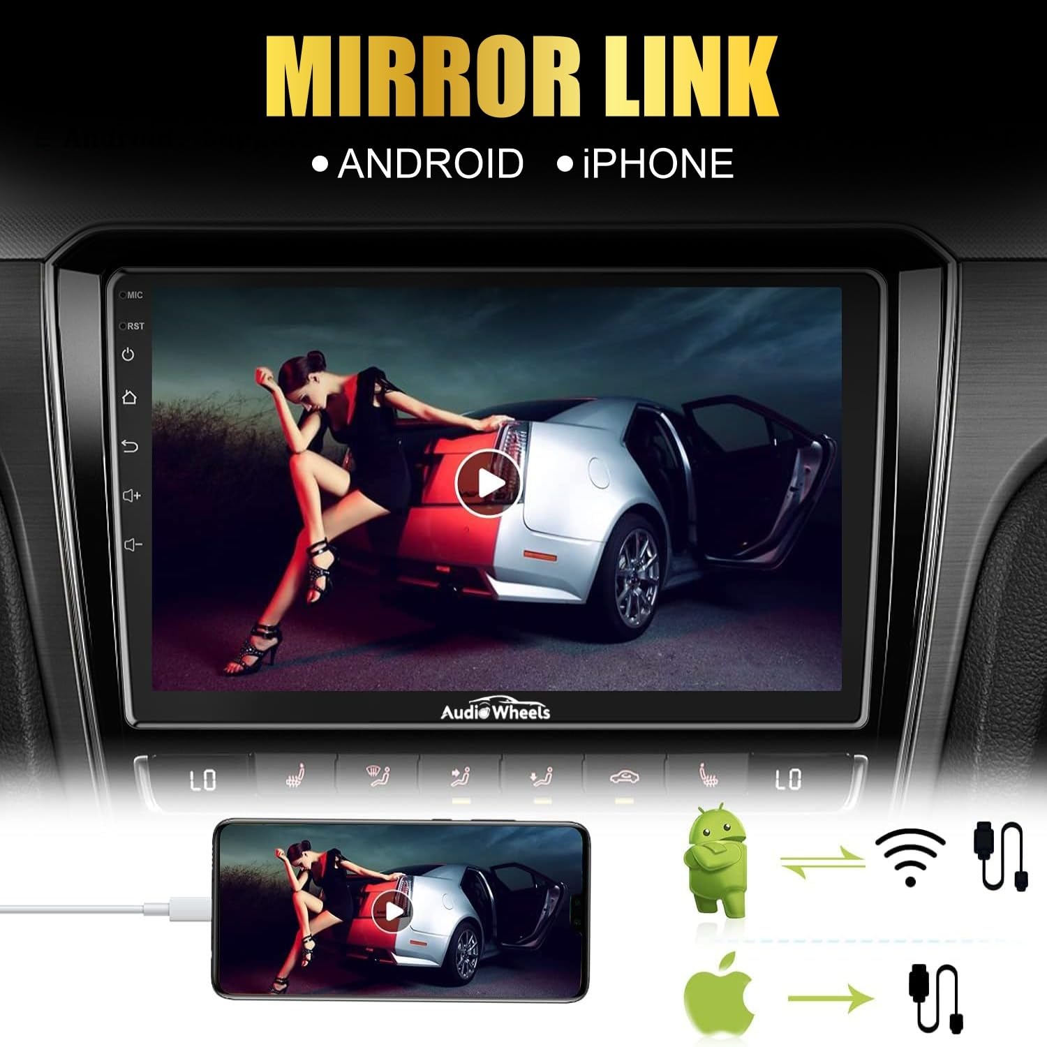 Audio Wheels 9 Inch Car Android/ iOS Multimedia Player with 360° Panoramic Camera | Touch Screen Full HD | 2GB+32GB | Quad Core Cortex-A53 | 1.3 Ghz | Wireless Carplay & Android Auto | Bluetooth, WiFi | Compatible with All Cars | 1 Year Warranty