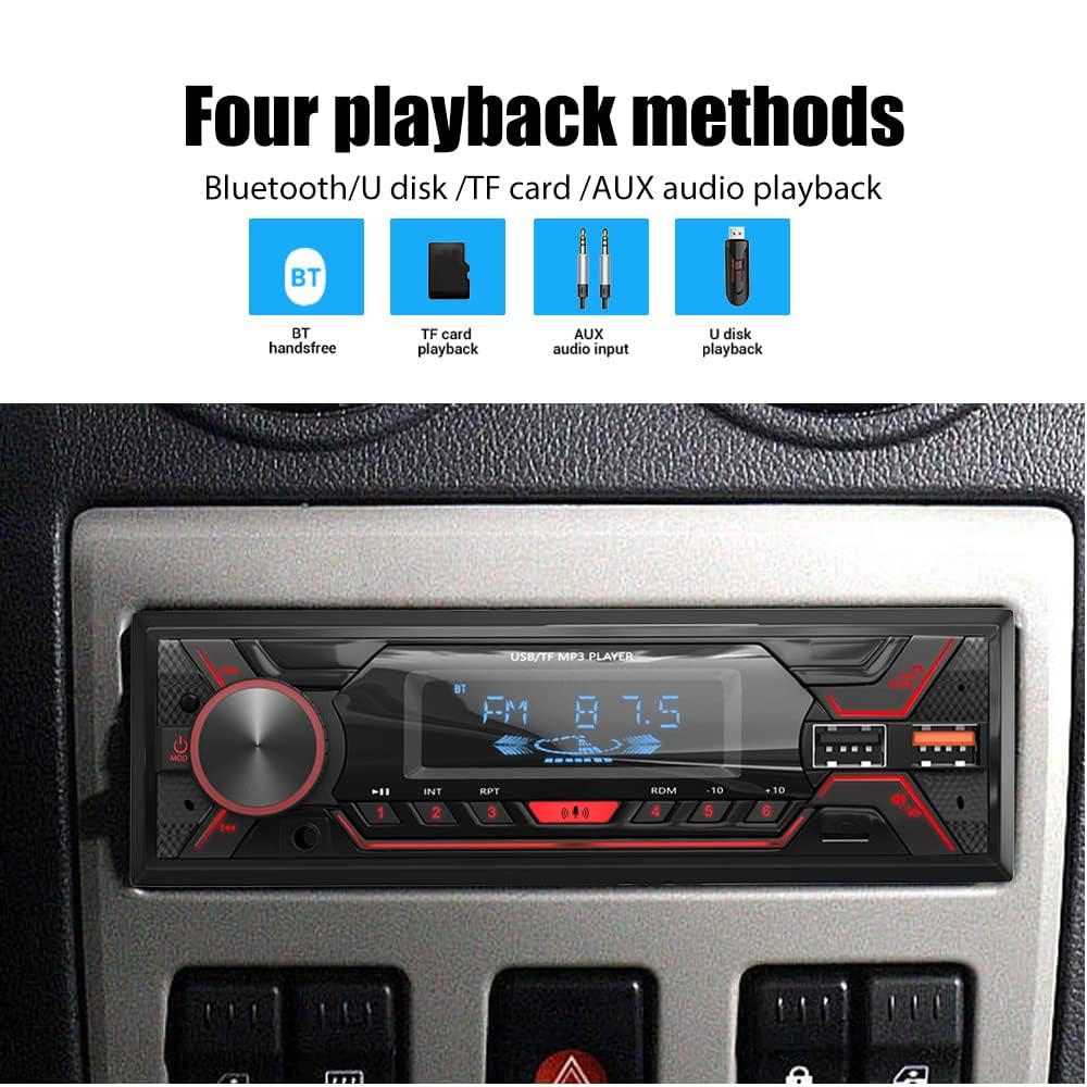 Audio Wheels Car Radio Bluetooth Single DIN Car Stereo Audio, MP3 Player Car Stereo 1 DIN with Bluetooth Handsfree/FM/Dual USB/TF/AUX/EQ/Quick Charge, with Wireless Remote Control (S-720)