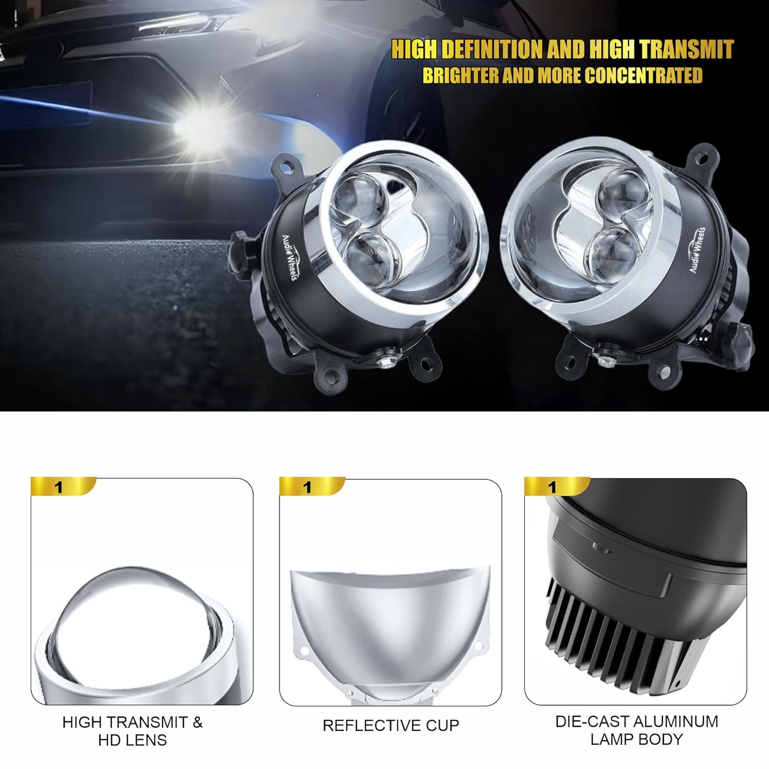 Audio Wheels 3 Inch Universal LED Projector Fog Lamp - 120W Dual-Beam [PR-05] | Tri-Color Output (6000K White / 4500K Warm / 3000K Yellow) | 15,000LM Projector Light with Blue Film | 12V/24V Lamp | Coupler to Coupler Installation | 1 Year Warranty