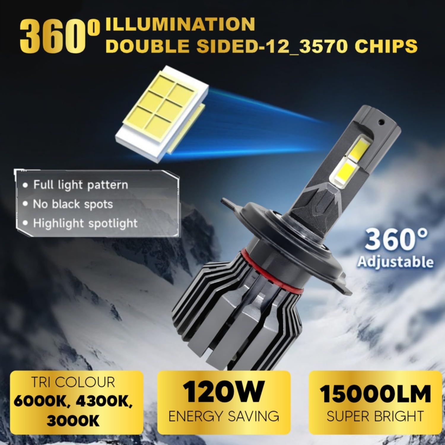 Audio Wheels H4/H19 LED Headlight 120W - Dual Beam (High & Low Beam)  Tri Colour (6000K4300K3000K)  15000 Lumens  IP68 Waterproof  Plug & Play Car Halogen Bulb Replacement Lamp