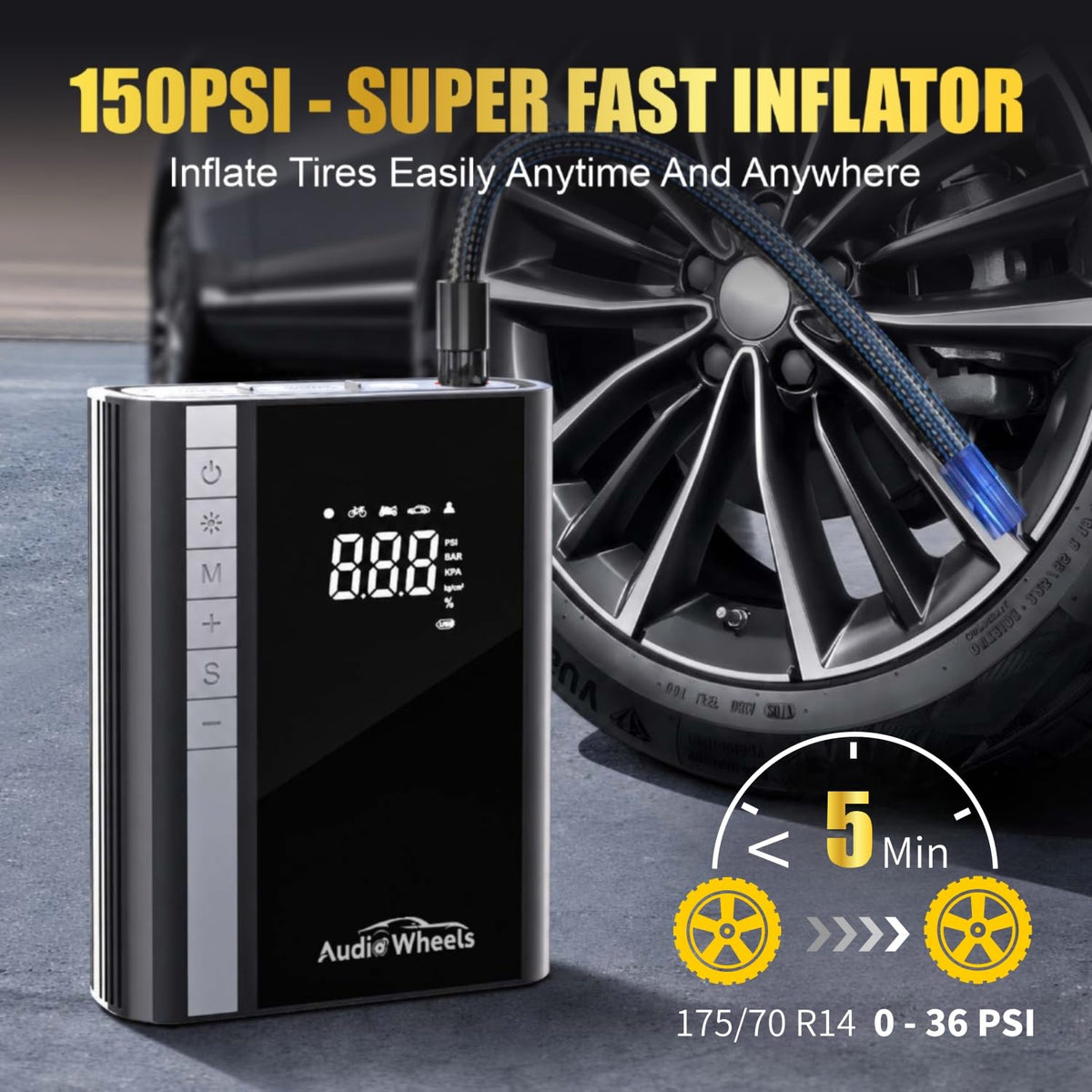 Audio Wheels Car Jump Starter with Air Compressor | 2500mAh Battery Pack Jump Starter 3500A |  Peak for Up to 9.0L Gas and 8.0L Diesel Engine | 12V Battery Booster Jump Box with LED Display/Flashlight/Jumper Cable/USB