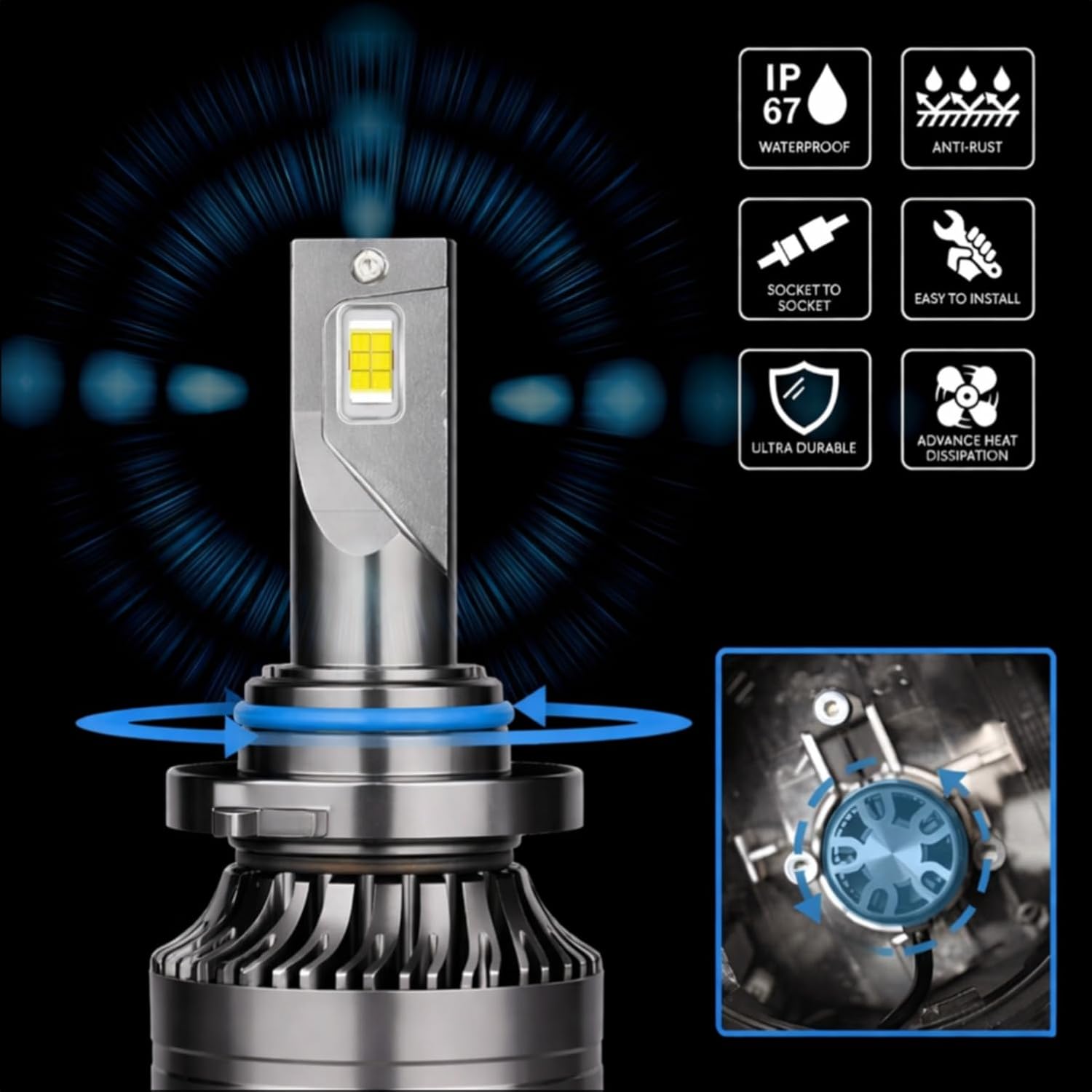 Audio Wheels 9005/HB3 75W LED Headlight with 6000K Cool White, 7500LM Brightness, Fan Cooling, Energy Efficient Design, IP67 Waterproof, Easy Plug & Play Installation