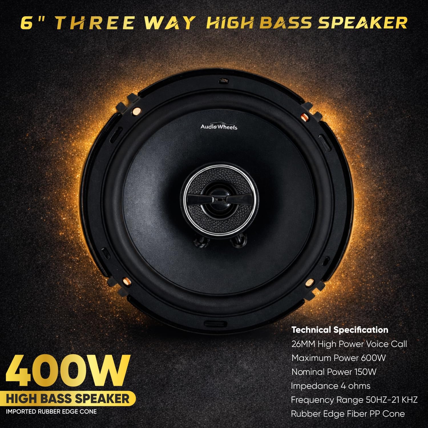 Audio Wheels 6 Inch Sonic Blast Car Speaker – 150W RMS / 400W Max | 26mm High-Performance Voice Coil | Deep Bass Output | Durable Rubber Edge with PP Cone | 4Ω Impedance | Premium Sound Upgrade for Cars