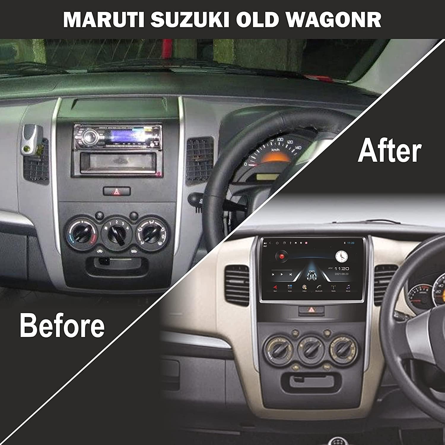 Audio Wheels Maruti WagonR-2016 9-Inch 1280P IPS Android 2/32 Car Display with Gorilla Glass - Double Din Car Stereo, Android 13,+ AHD Camera & Dashboard Frame (Maruti WagonR)
