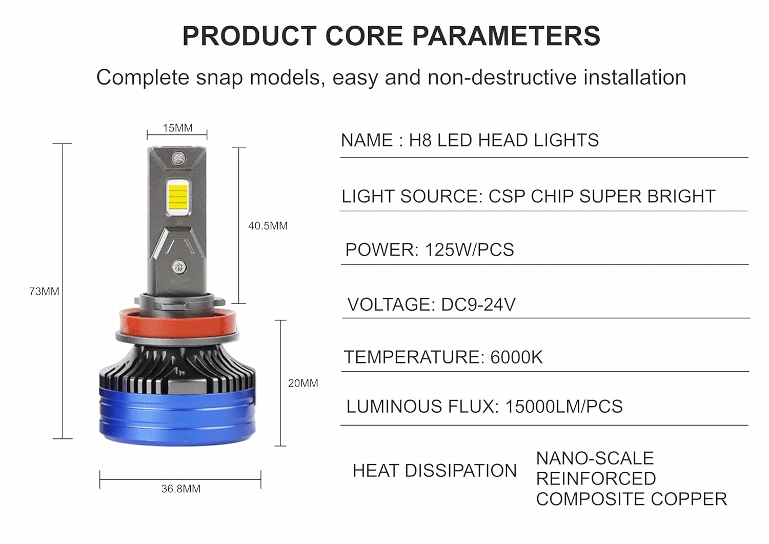 Audio Wheels H1-250W LED Headlight Bulbs – 30,000 Lumens Ultra-Bright, 6000K Cool White – IP68 Waterproof, Plug & Play Conversion Kit – 50,000+ Hrs, 2-Year Warranty