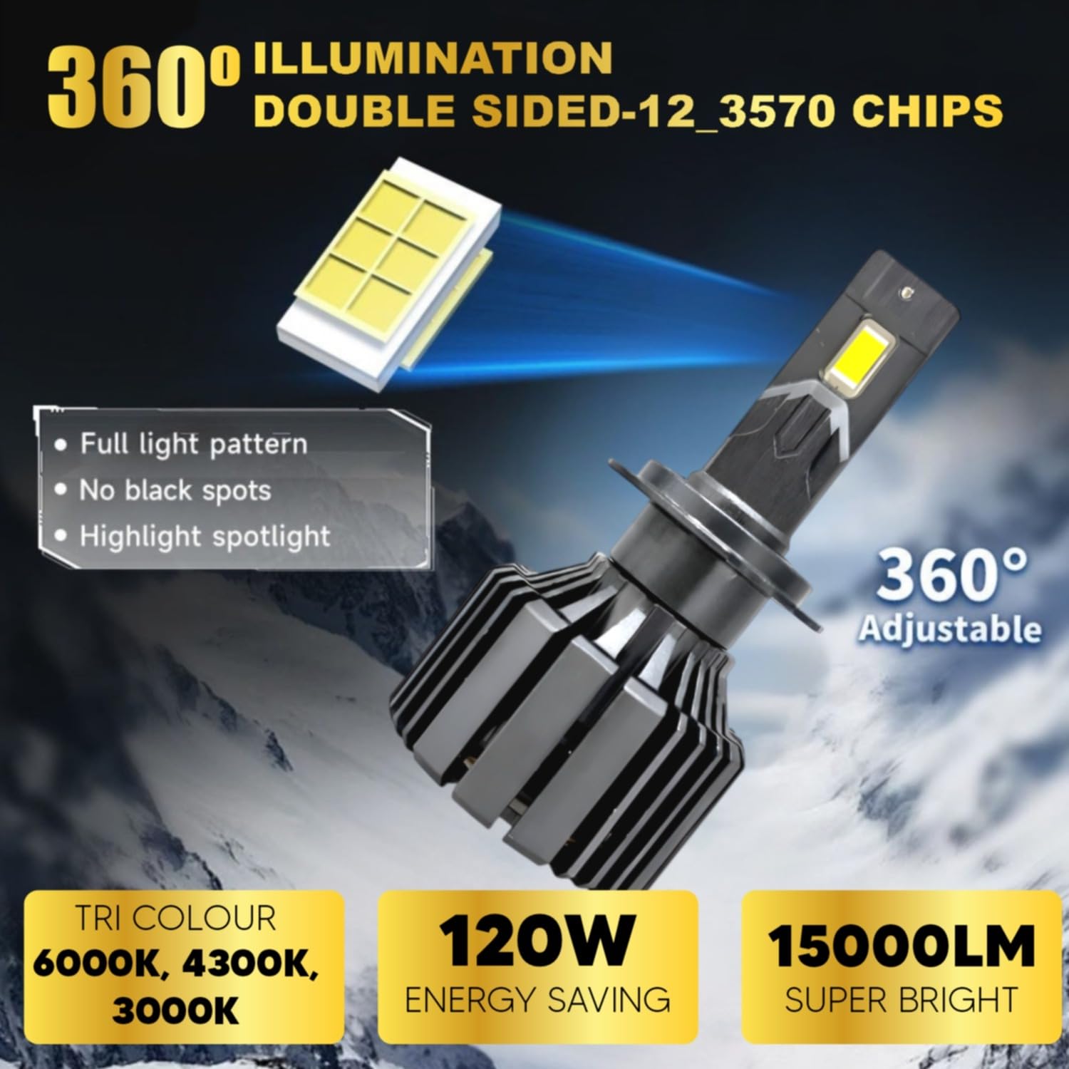 Audio Wheels Tri Colour LED Headlight H7/H18 Single Beam 120W (15000LM) | 6000K/4300K/3000K | IP68 Waterproof Plug & Play Car Headlamp 12V/24V with Advanced Cooling