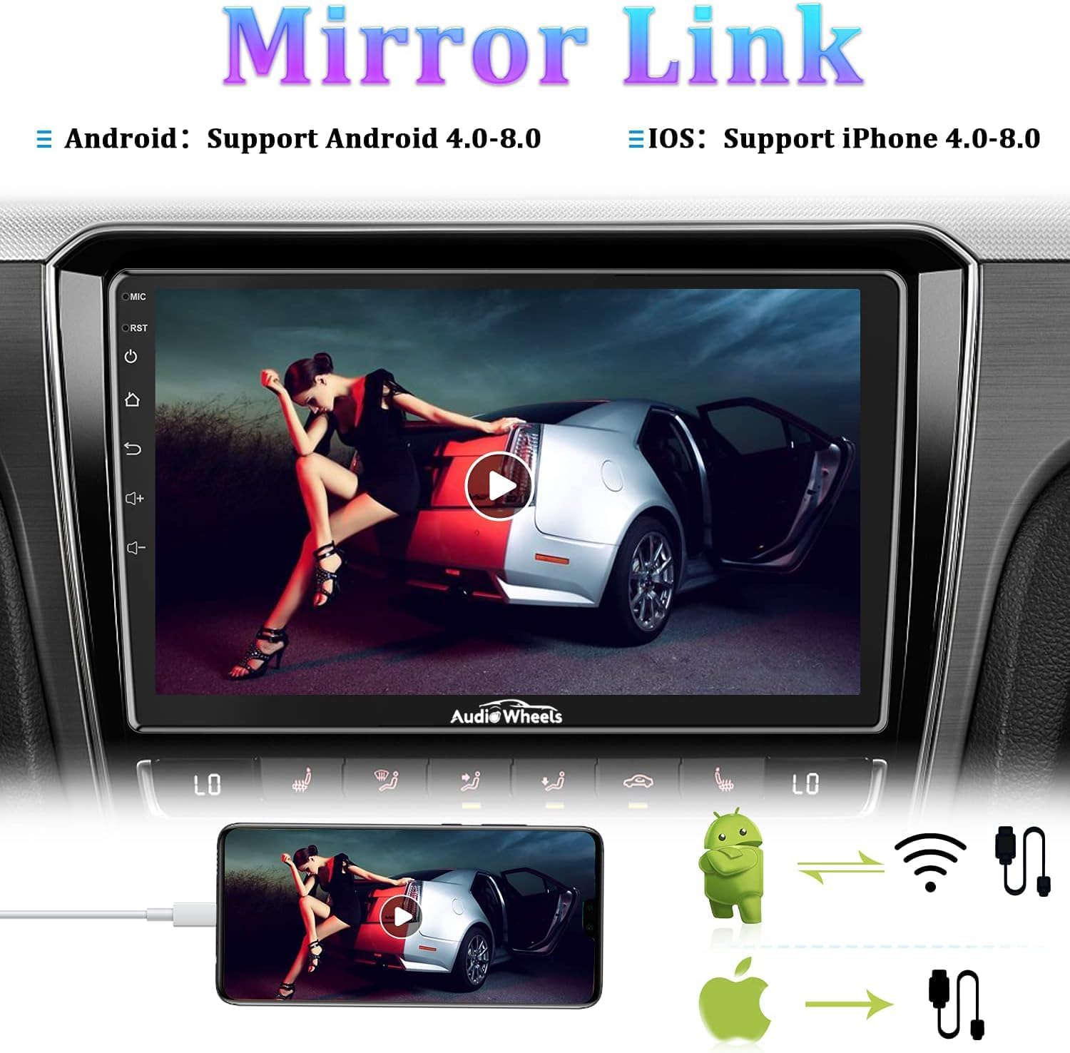 Audio Wheels Wireless CarPlay & Stereo Auto 9 Inch 1280P Car Android Display with Gorilla Glass | Android 13 | TS-9 Processor | 2GB & 32GB +Frame+HD Camera Included (Hyundai i10 Grand)