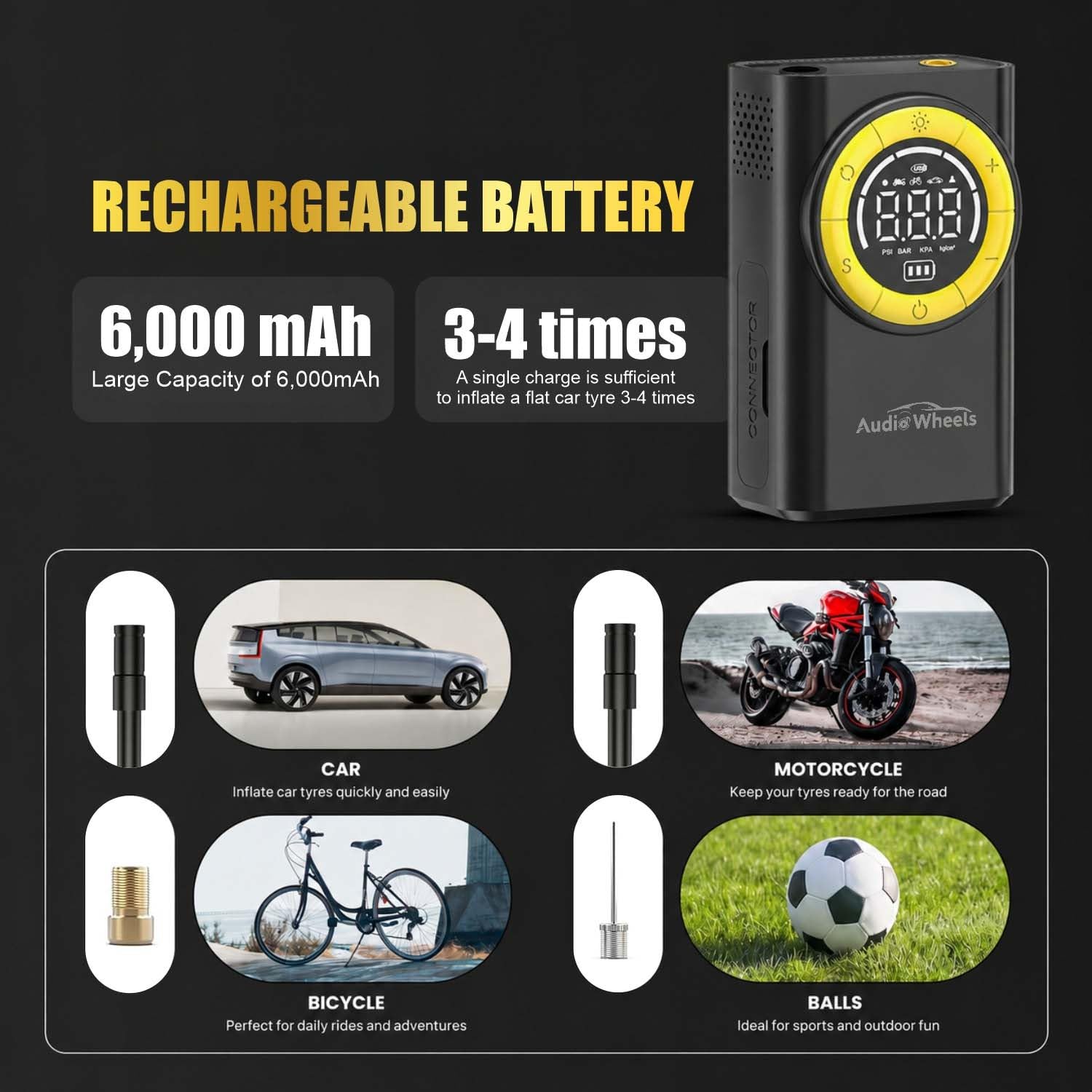 Audio Wheels Universal Digital Tyre Inflator [TI-03]  for Car, Bikes and SUVs | 65W Portable Air Compressor, 5600 mAh, Auto Shut-Off & LED Light  150 PSI