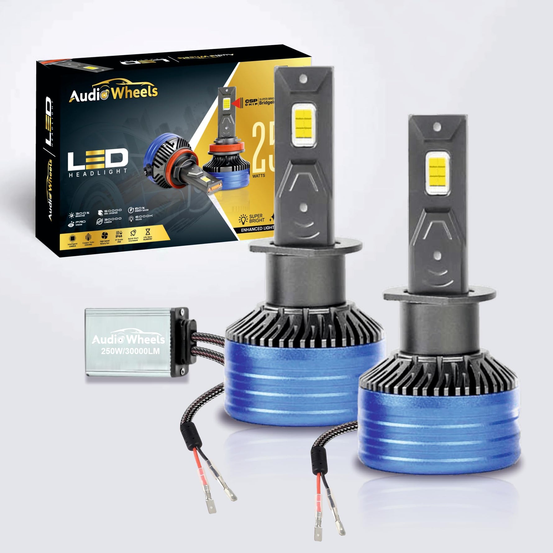 Audio Wheels H4-110W Car Led Headlight Bulbs, 16,000 Lumens Super Bright LED Headlight Conversion Kit for Cars 6000K Cool White Quick Installation Halogen Replacement, Pack of 2