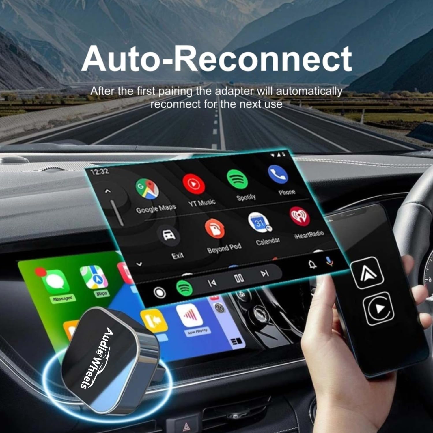 Audio Wheels Turbo Dock Wireless Car Play Adapter – Wireless Android Auto Adapter for Seamless Music Streaming & Hands-Free Calling with Plug & Play USB Receiver for Cars & Home Systems