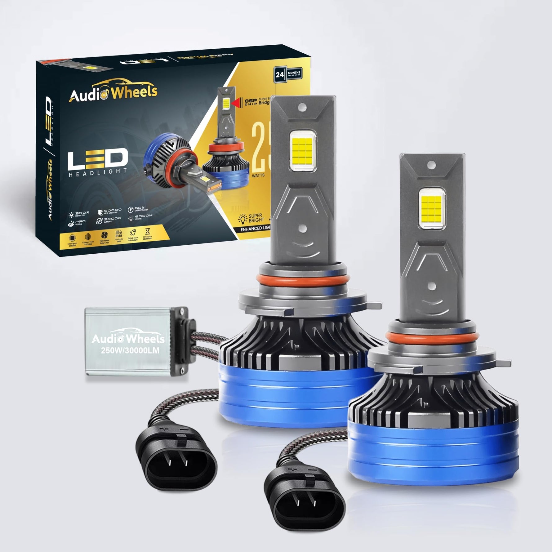 Audio Wheels H4-110W Car Led Headlight Bulbs, 16,000 Lumens Super Bright LED Headlight Conversion Kit for Cars 6000K Cool White Quick Installation Halogen Replacement, Pack of 2