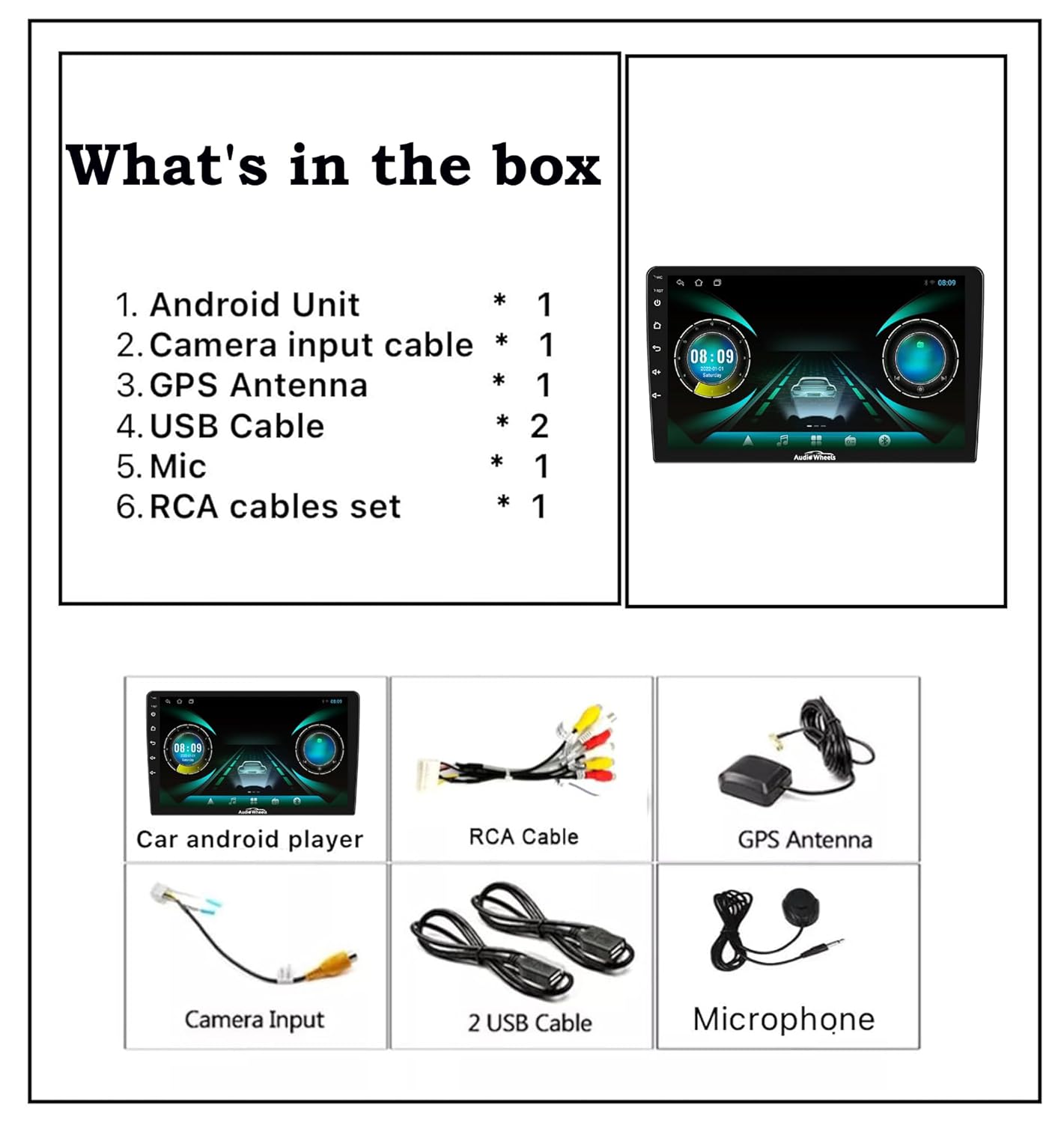 Audio Wheels Double Din Car Stereo 9 2G+32G Android 12 Multimedia BT Player Touchscreen with Mirror Link Split Screen GPS Navigation WiFi USB SWC AHD Rear View Camera+GPS Antenna+Microphone (9)