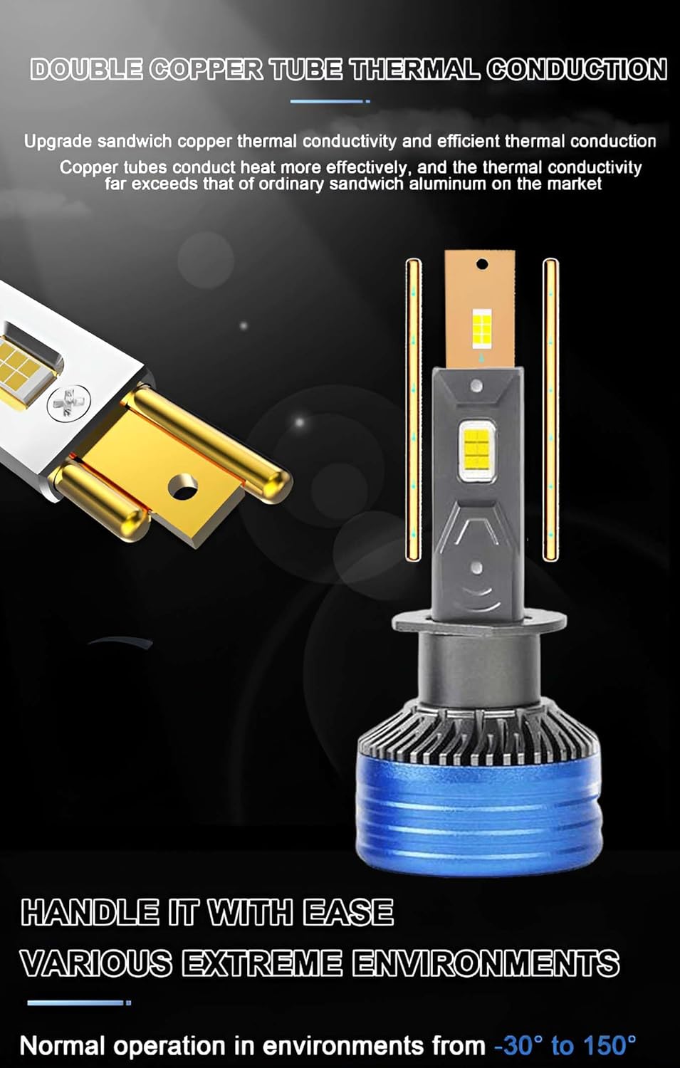 Audio Wheels H1-250W LED Headlight Bulbs – 30,000 Lumens Ultra-Bright, 6000K Cool White – IP68 Waterproof, Plug & Play Conversion Kit – 50,000+ Hrs, 2-Year Warranty