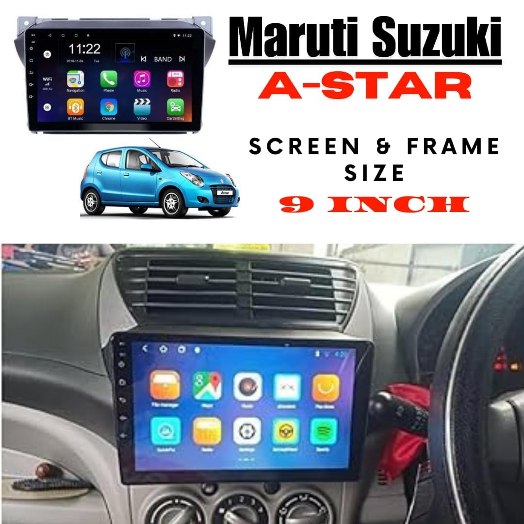 Audio Wheels Maruti A-Star: 9-Inch 1280P IPS Android 2/32 Car Display with Gorilla Glass - Double Din Car Stereo, Android 13,+ AHD Camera & Dashboard Frame (Maruti A-Star)