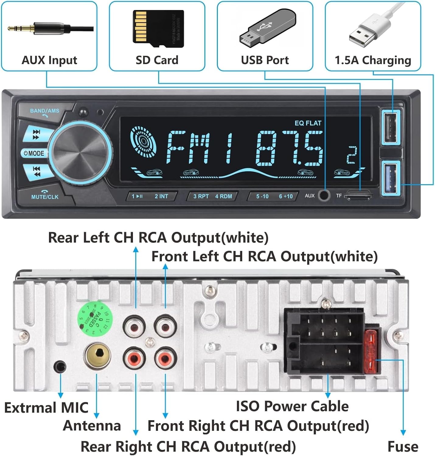 Audio Wheels Car Radio Bluetooth Single DIN Car Stereo Audio, MP3 Player Car Stereo 1 DIN with Bluetooth Handsfree/FM/Dual USB/TF/AUX/EQ/Quick Charge, with Wireless Remote Control (S-820)