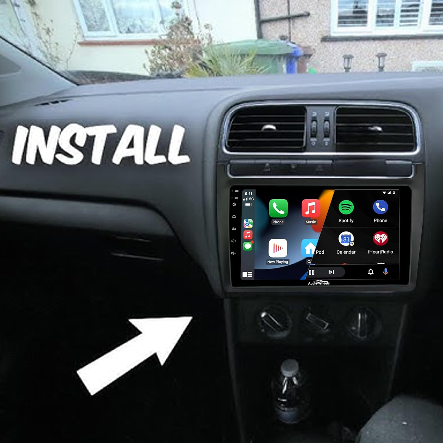 Audio Wheels Volkswagen Polo 9 Inch 1280P IPS Android 232 Car Display with Gorilla Glass - Double Din Car Stereo, Android 13,+ AHD Camera & Dashboard Frame (Volkswagen Polo)