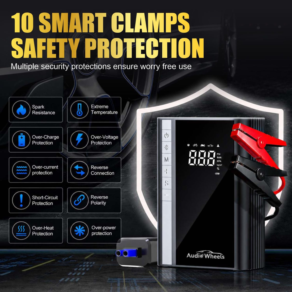 Audio Wheels Car Jump Starter with Air Compressor | 2500mAh Battery Pack Jump Starter 3500A |  Peak for Up to 9.0L Gas and 8.0L Diesel Engine | 12V Battery Booster Jump Box with LED Display/Flashlight/Jumper Cable/USB