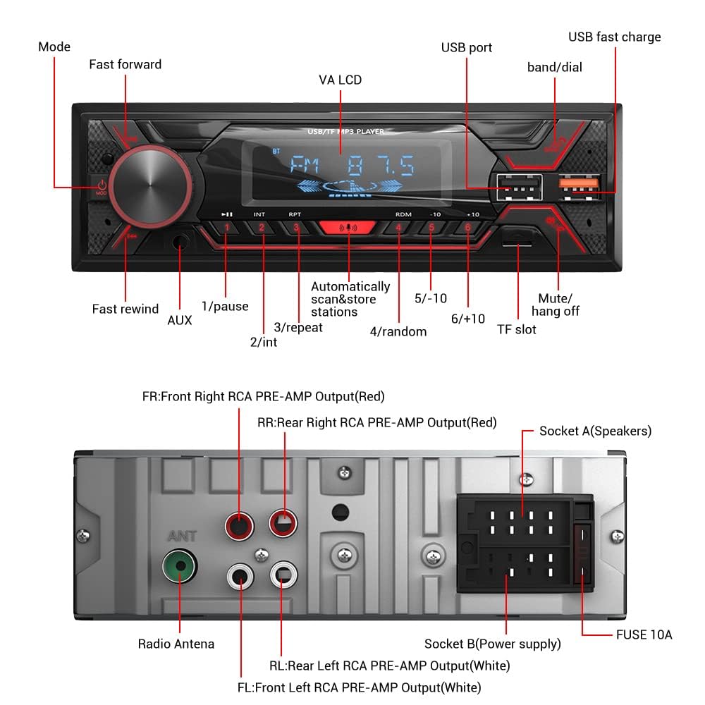 Audio Wheels Car Radio Bluetooth Single DIN Car Stereo Audio, MP3 Player Car Stereo 1 DIN with Bluetooth Handsfree/FM/Dual USB/TF/AUX/EQ/Quick Charge, with Wireless Remote Control (S-720)