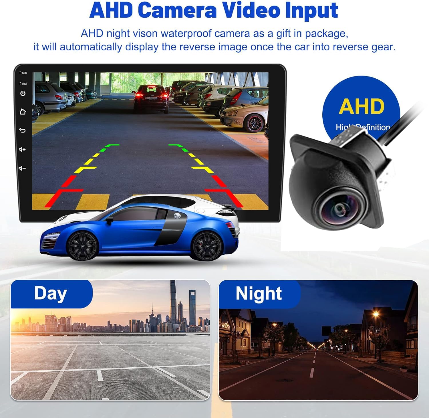 Audio Wheels Double Din Car Stereo 9 Inch 1G+32G Android 12 Multimedia BT Player Touchscreen with Mirror Link Split Screen GPS Navigation WiFi USB SWC Dome Rear Camera+GPS Antenna+Microphone (9 INCH)