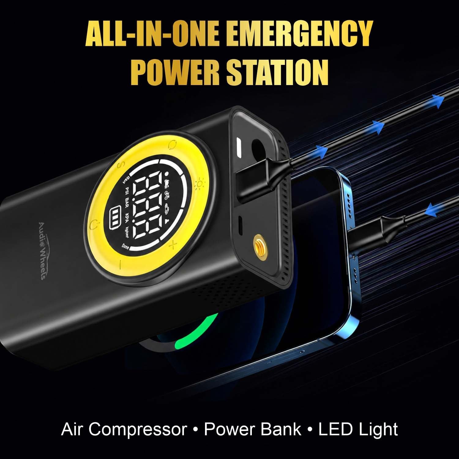 Audio Wheels Universal Digital Tyre Inflator [TI-03]  for Car, Bikes and SUVs | 65W Portable Air Compressor, 5600 mAh, Auto Shut-Off & LED Light  150 PSI