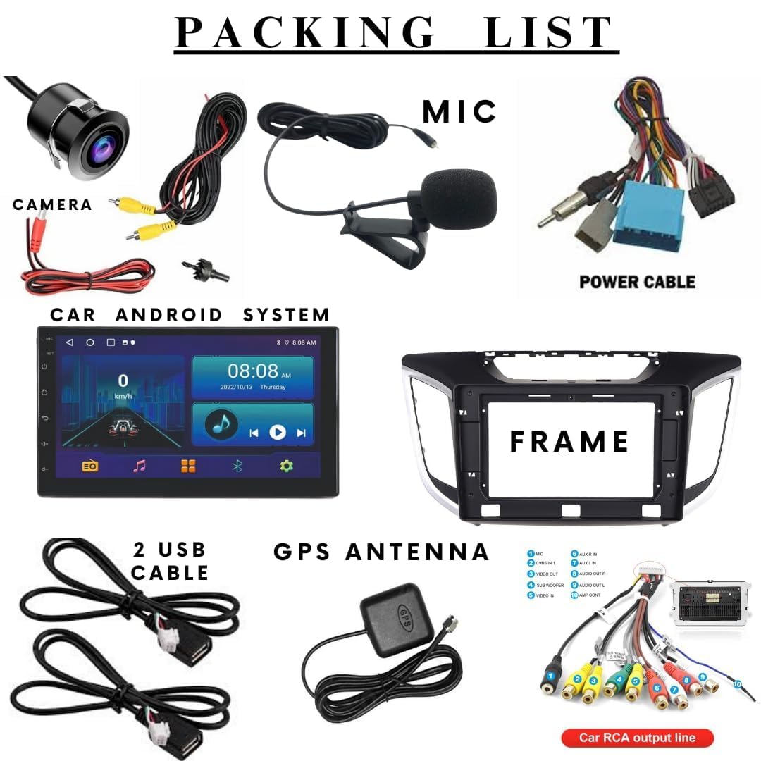 Audio Wheels Wireless CarPlay & Stereo Auto 9inch 1280P Car Android Display with Gorilla Glass  Android 13  TS-9 Processor  2GB & 32GB +Frame+HD Camera Included (Hyundai Creta 2015)