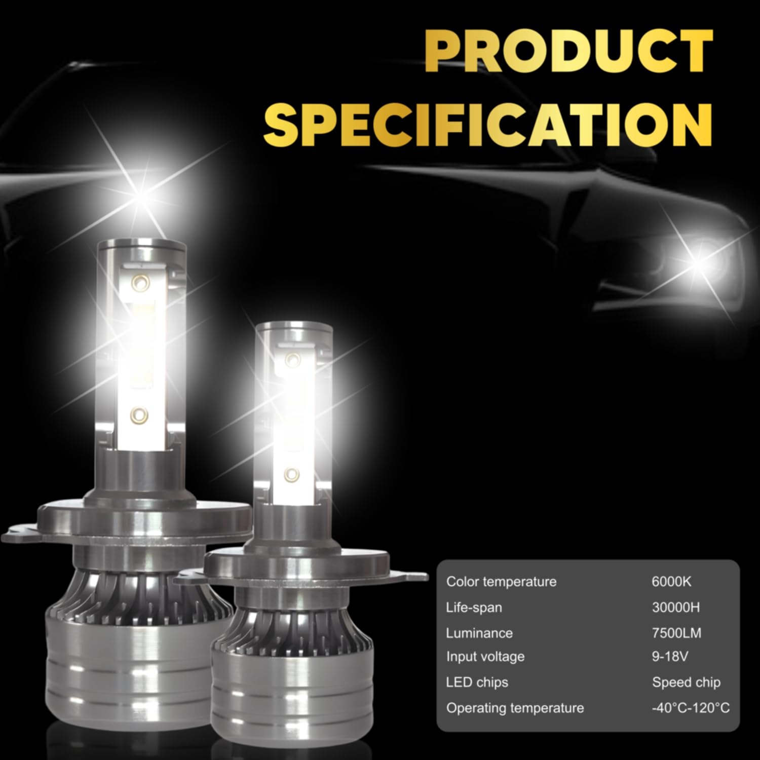 Audio Wheels H4/H19 75W LED Headlight Bulbs – 75,00LM, 6000K Cool White, IP68 Waterproof, 1-Year Warranty, Super Bright Automotive Headlights (Pack of 2)