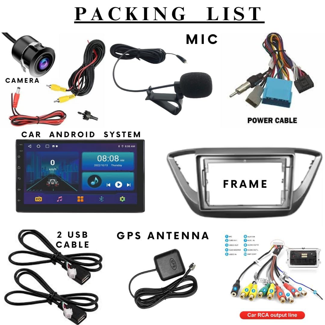 Audio Wheels Wireless CarPlay & Stereo Auto 9inch 1280P Car Android Display with Gorilla Glass | Android 13 | TS-9 Processor | 2GB & 32GB-Frame Included-AHD Camera (Hyundai Verna 2017+)