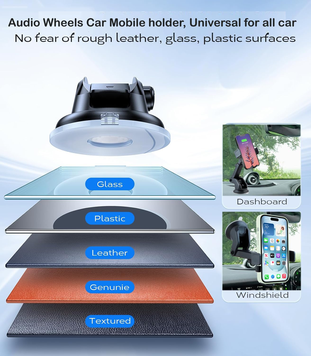 Audio Wheels Car Phone Holder 360° Rotation, Grip Go Series, Suction Cup Mount Auto Lock, Extendable Arm, Single-Handed Use, Shockproof Design Dashboard Accessories for Flexible Mobile Holder.