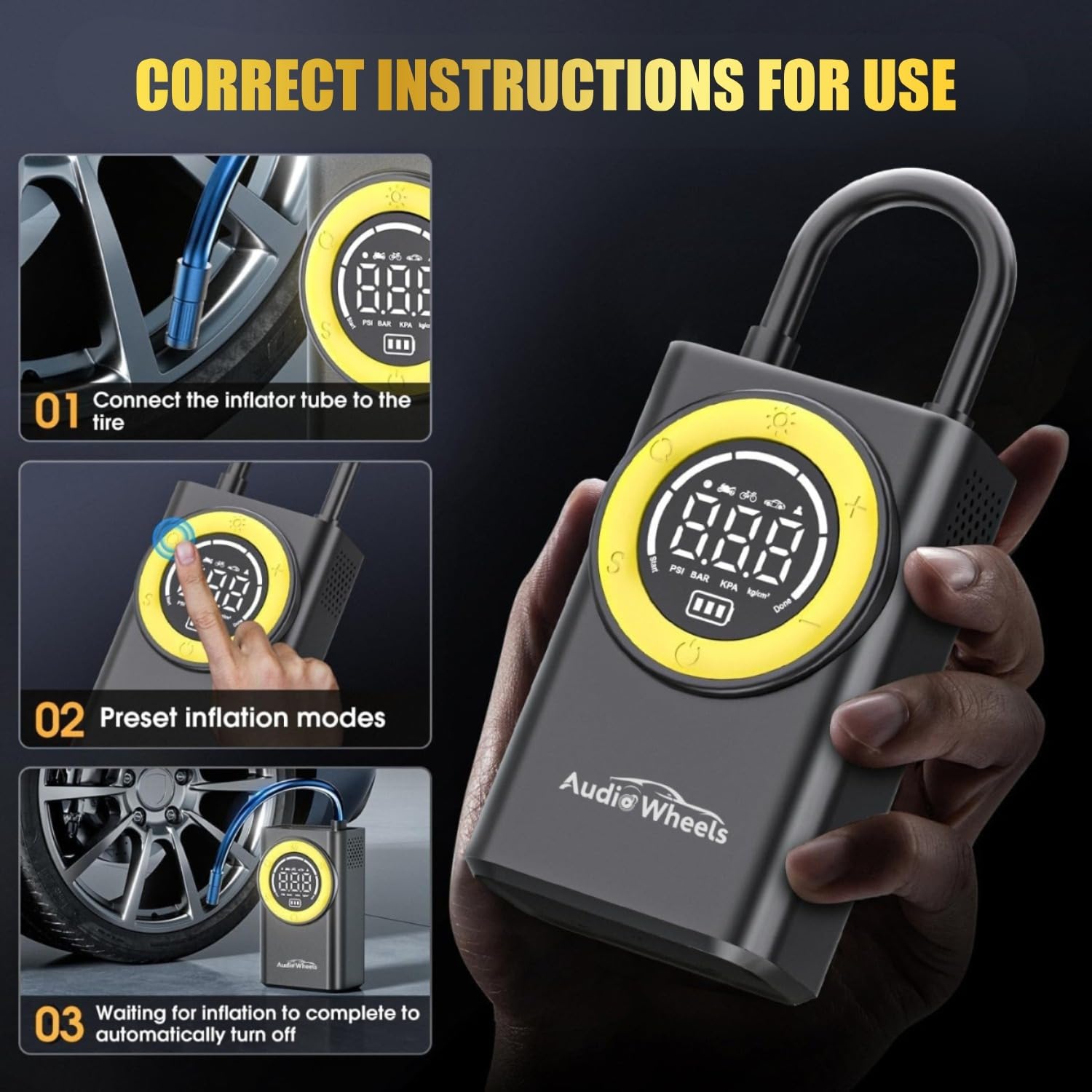 Audio Wheels Universal Digital Tyre Inflator [TI-03]  for Car, Bikes and SUVs | 65W Portable Air Compressor, 5600 mAh, Auto Shut-Off & LED Light  150 PSI