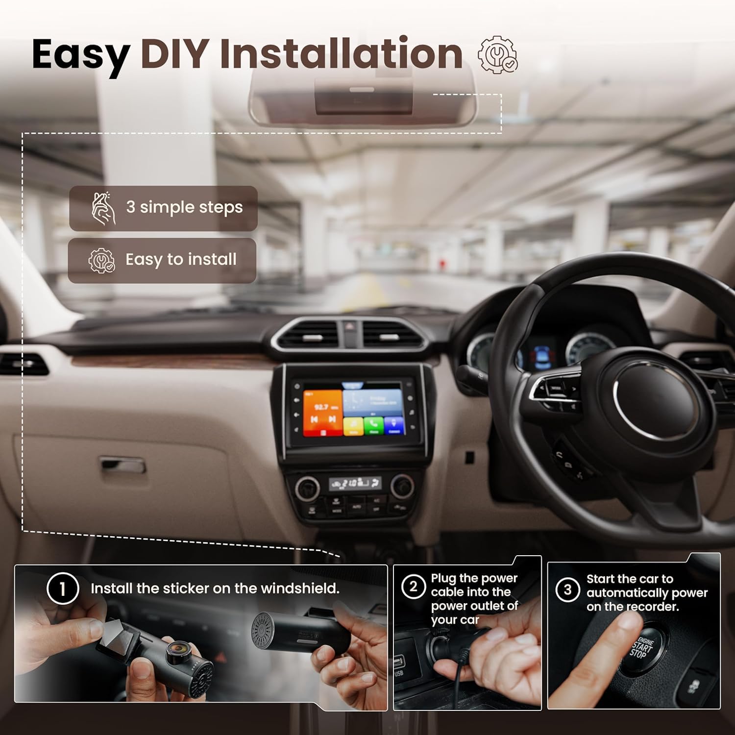 Audio Wheels 12.0MP Full HD WiFi DVR Dashcam + 5V 0.4A Power, 1080p Video, 30 FPS, High-Sensitivity Low-Light Sensor, MIC Support, 128GB TF Card Storage, USB Connectivity,Android Compatibility.