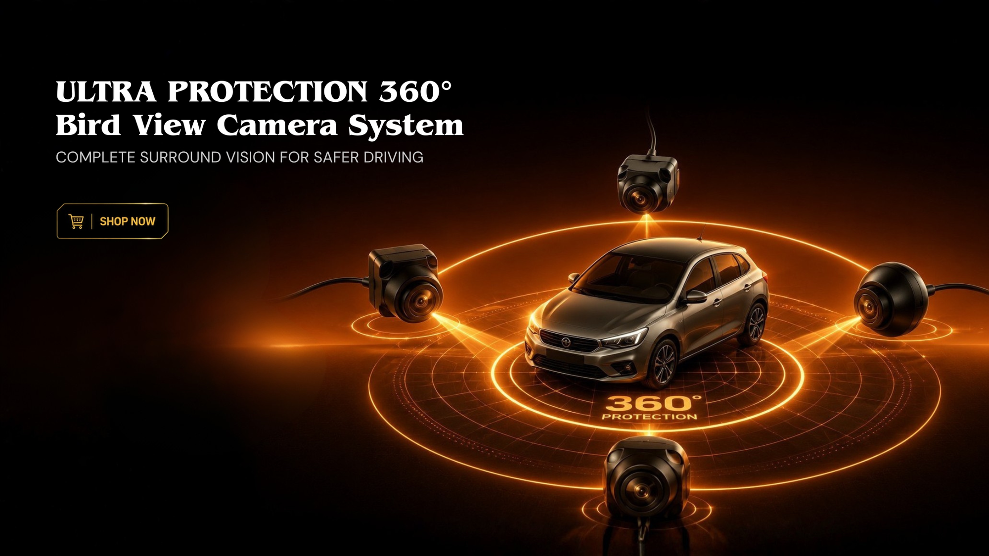 Advertisement for Ultra Protection 360° Bird View Camera System with a car and multiple cameras on a dark background.

