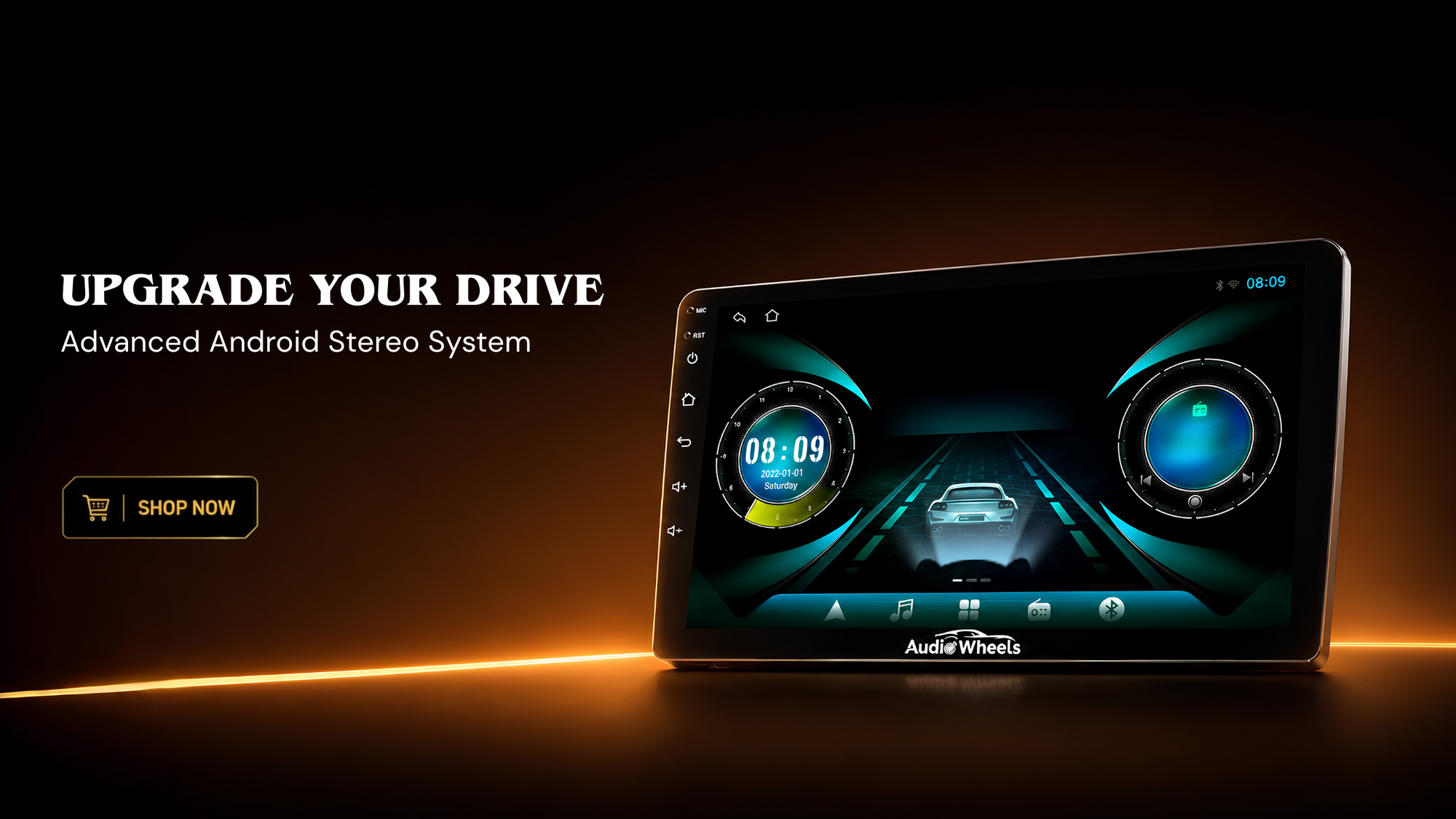 AudioWheels Android stereo system display with glowing edges on a dark background