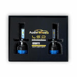 AudioWheels LED headlight kit packaging on a white background

